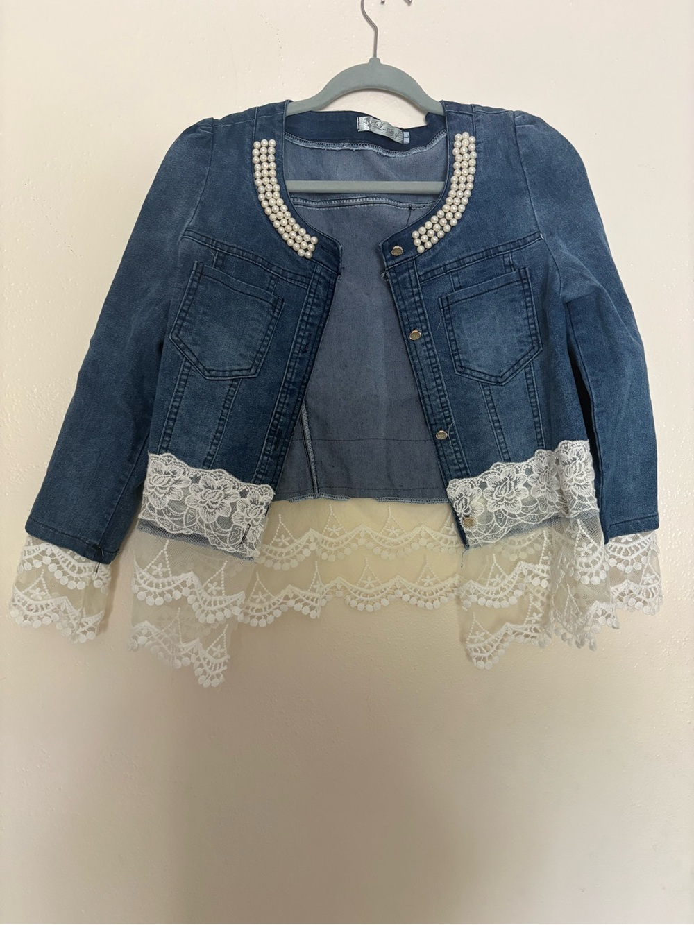 Pearl-Trim Lace Hem Denim Jacket - Blue